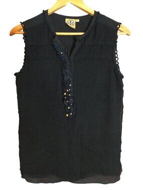 Tory Burch Silk Top Beaded Sleeveless Henly Blouse Sheer Lined Black Size 10
